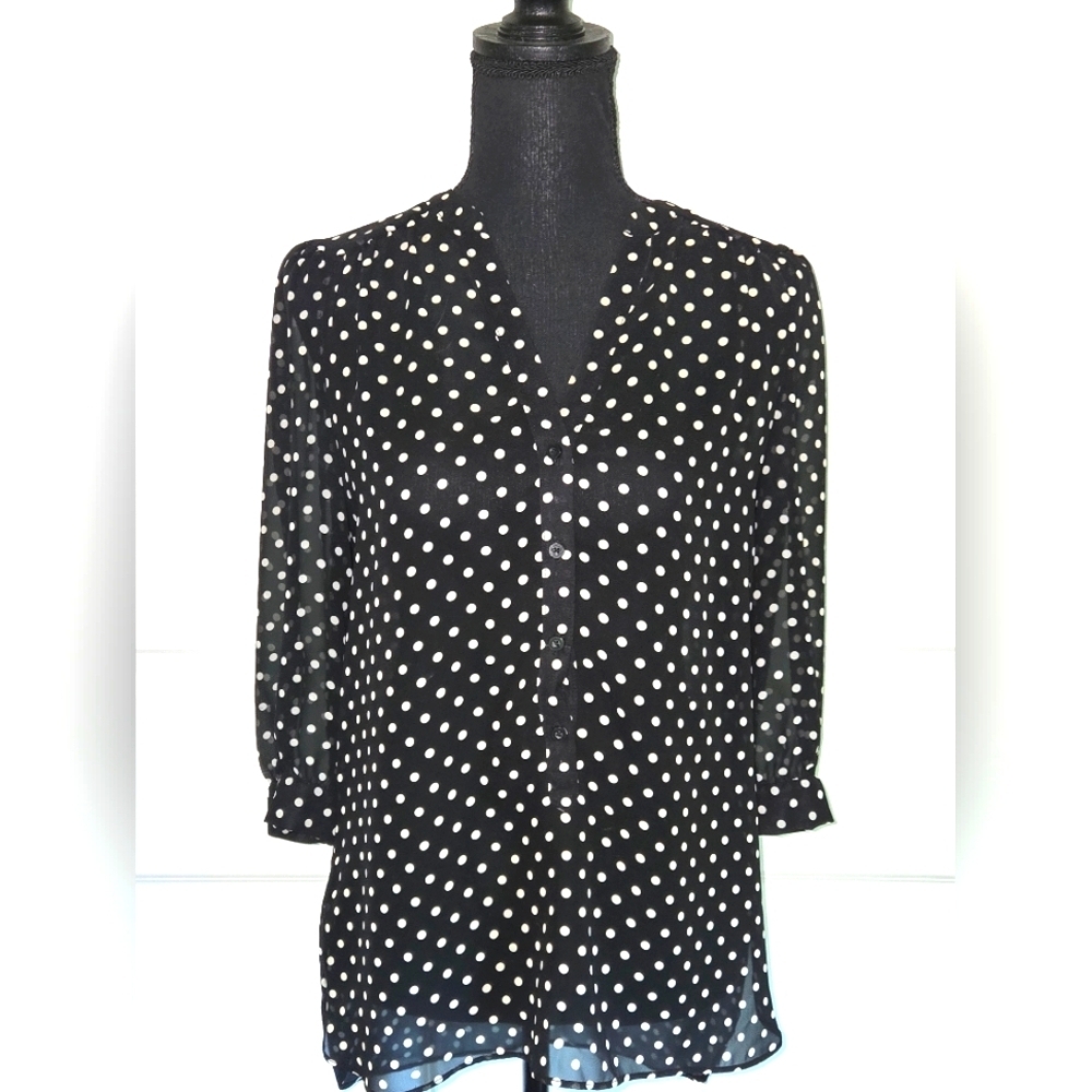LC LAUREN CONRAD Sheer Tunic Black w/ White Polka Dots 3/4 Sleeves Sz Sm